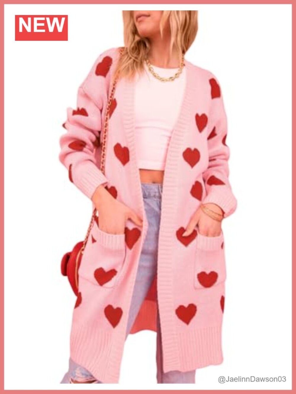 Women Heart Cardigan Long Sleeve V-Neck Open Front Chunky Sweater